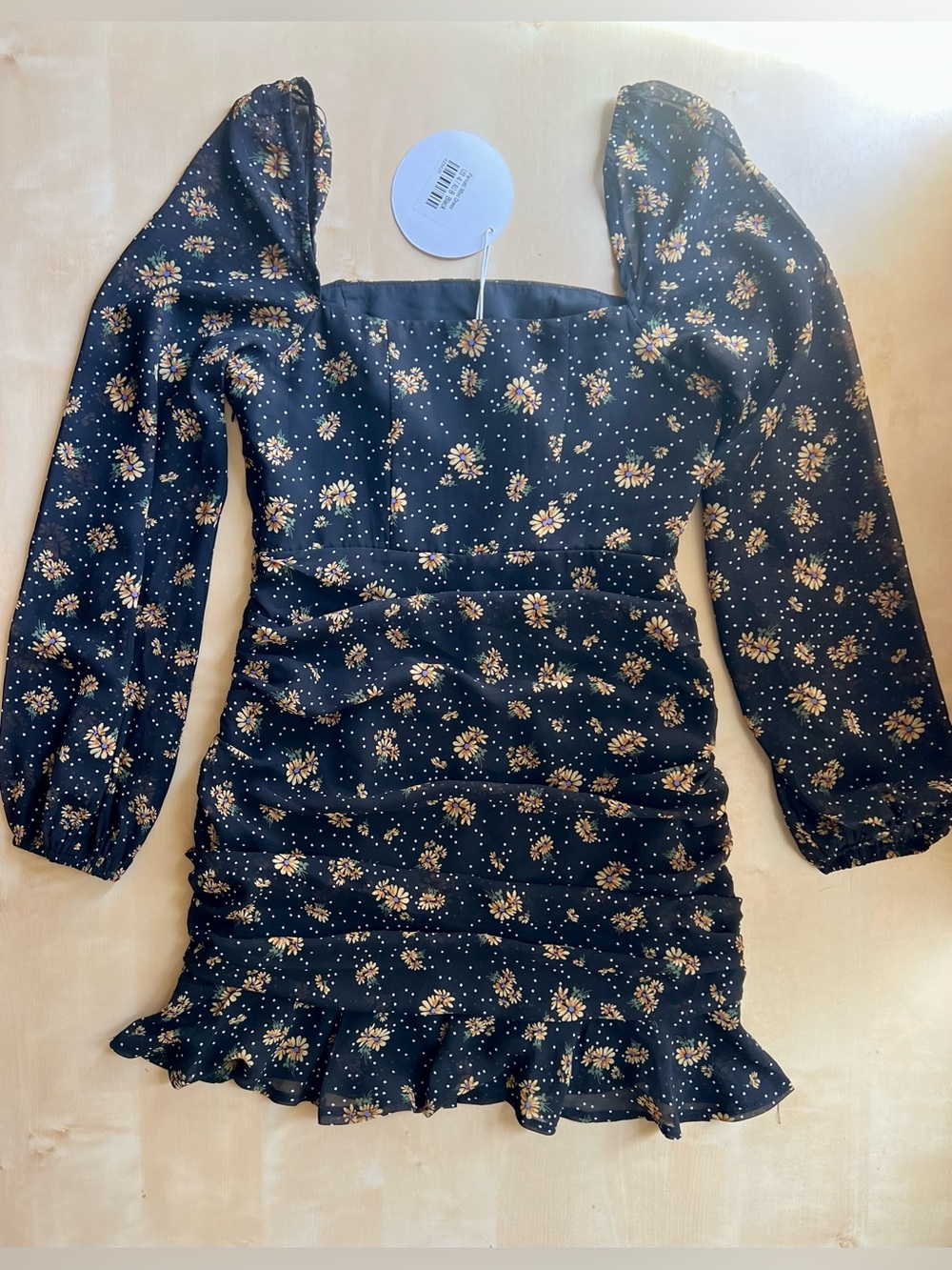 Princess Polly Black Sunflower Parvati Mini Dress with Sheer Balloon Sleeves - Picture 3 of 13